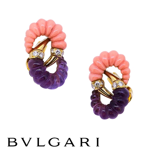 271 - BULGARI, PAIR OF AMETHYST, CORAL AND DIAMOND EARRINGS, designed as a ribbed coral and amethyst hoop,... 