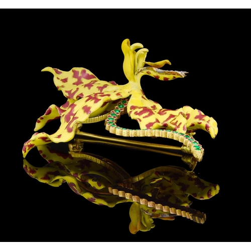 273 - TIFFAN& CO, IMPORTANT ENAMELED AND JEWELLED ORCHID BROOCH, designed by Paulding Farnham, based on a ... 