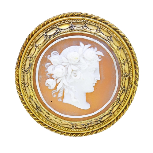 278 - ANTIQUE VICTORIAN CAMEO BROOCH, set to the center with a carved shell cameo depicting a woman in pro... 