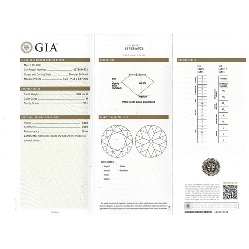 296 - IMPORTANT GIA CERTIFICATED 3.09 CT. DIAMOND SOLITAIRE RING, set with a brilliant cut diamond of 3.09... 