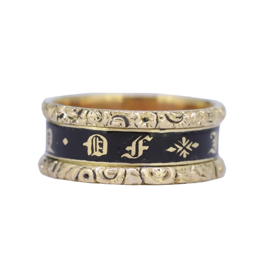 3 - ANTIQUE GEORGIAN ENAMEL MEMORI RING, the central band decorated with black enamel and with gold lett... 