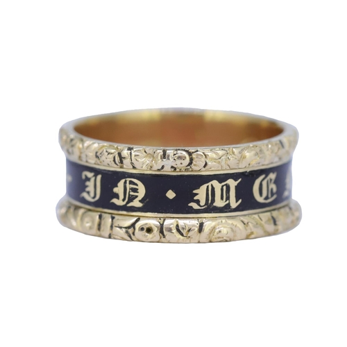 3 - ANTIQUE GEORGIAN ENAMEL MEMORI RING, the central band decorated with black enamel and with gold lett... 