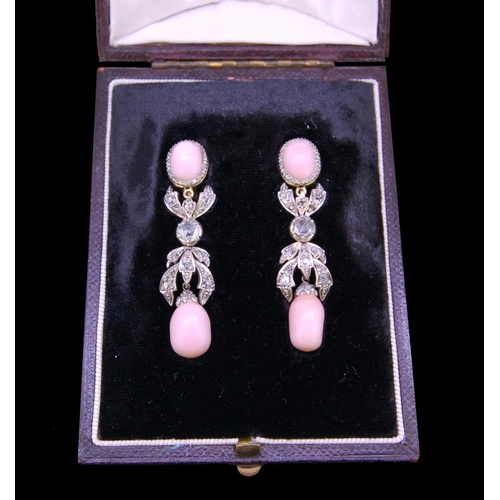 111 - IMPORTANT PAIR OF DIAMOND AND CONCH PEARL DROP EARRINGS, the tops set with a conch pearl surrounded ... 