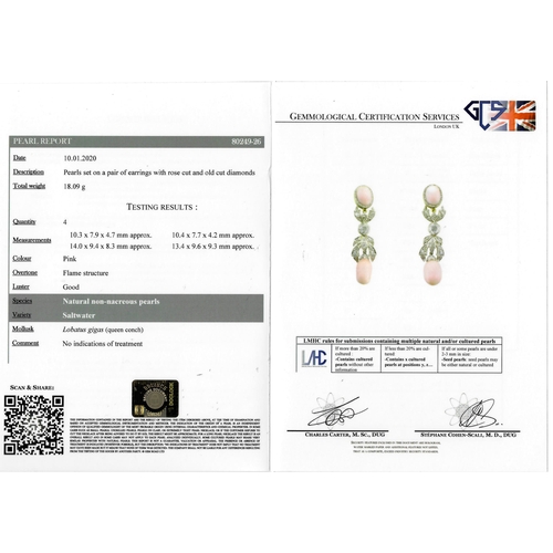 111 - IMPORTANT PAIR OF DIAMOND AND CONCH PEARL DROP EARRINGS, the tops set with a conch pearl surrounded ... 