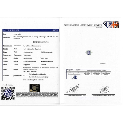 13 - CERTIFICATED 4.95 SAPPHIRE AND DIAMOND CLUSTER RING, set with a central rectangular blue sapphire of... 