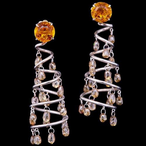 16 - PAIR OF BRIOLET DIAMOND SPIRAL EARRINGS WITH CITRINE TOPS, set with a citrine as top, cascading a sp... 