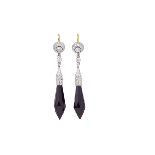 17 - PAIR OF ONYX AND DIAMOND DROP EARRINGS, the diamond top suspending a diamond and a carved onyx drop.... 