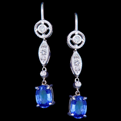 22 - PAIR OF SAPPHIRE AND DIAMOND DROP EARRINGS, suspending a blue sapphire, totalling approx. 2.22 ct. L... 