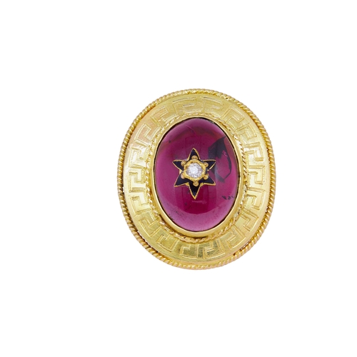 35 - ANTIQUE GARNET AND DIAMOND RING, set with a central cabochon cut garnet, with a center star applique... 