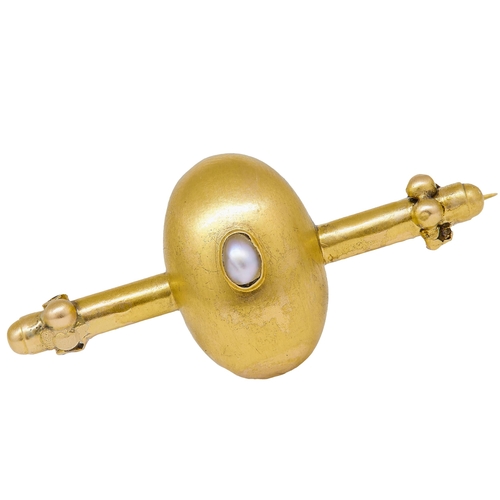 39 - ANTIQUE VICTORIAN PEARL BROOCH, of oval egg shape design, set with a pearl to the center and a locke... 