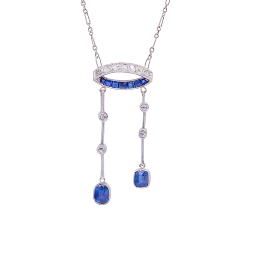 41 - SAPPHIRE AND DIAMOND NEGLIGE PENDANT NECKLACE, the top designed as on oval, half set with diamonds a... 