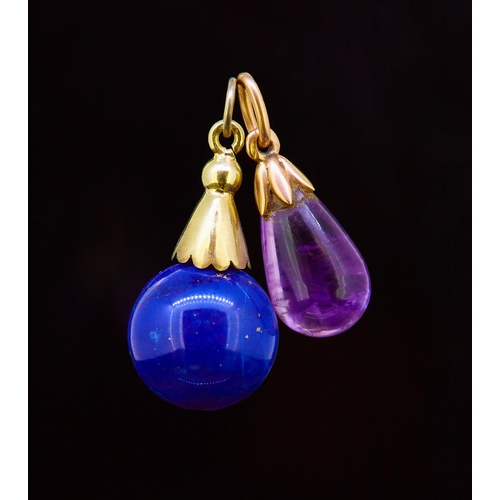 42 - LAPIS LAZULI  DROP PENDANT TOGETHER WITH AN AMETHYST DROP PENDANT (2), set with a lapiz lazuli ball ... 