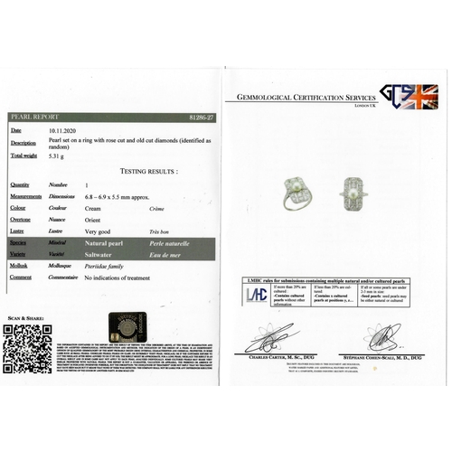 51 - NATURAL SALTWATER PEARL AND DIAMOND RING, set to the center with a natural saltwater pearl of approx... 