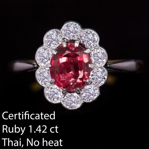 44 - CERTIFICATED 1.42 CT. RUBY AND DIAMOND CLUSTER RING, in 18 ct. gold. Set with a central oval cut rub... 