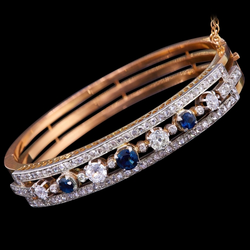 1 - ANTIQUE SAPPHIRE AND DIAMOND HINGED BANGLE, in 18 ct. gold. Of 3 bar design, the top part part with ... 