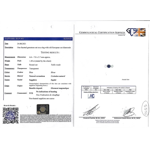 101 - CERTIFICATED SAPPHIRE AND DIAMOND 3-STONE RING, set with a central blue sapphire of approx. 1.40 ct.... 