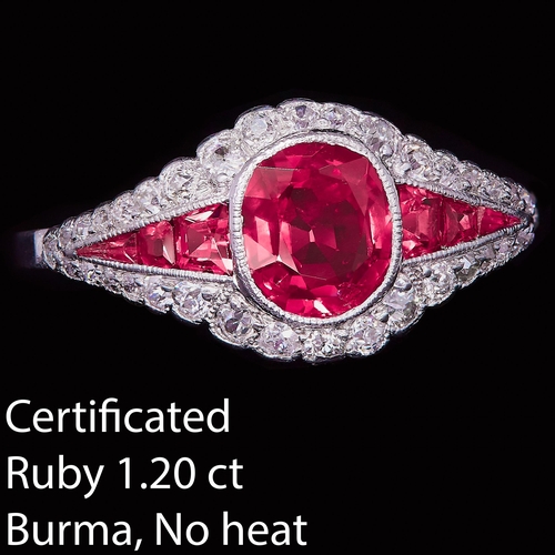 16 - IMPORTANT ART-DECO RUBY AND DIAMOND PLATINUM RING, set with a central ruby of approx. 1.20 ct. flank... 