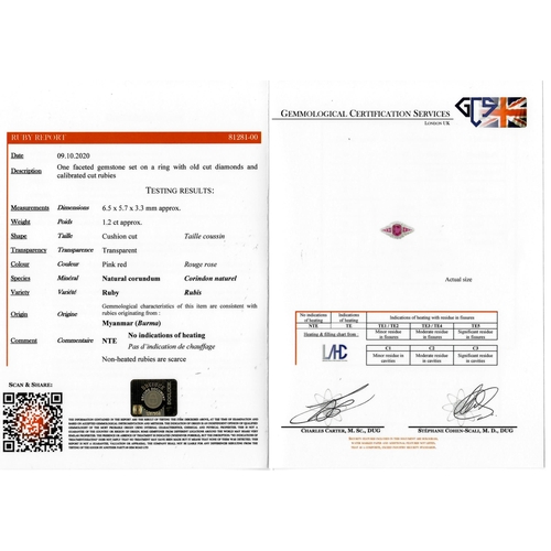 16 - IMPORTANT ART-DECO RUBY AND DIAMOND PLATINUM RING, set with a central ruby of approx. 1.20 ct. flank... 