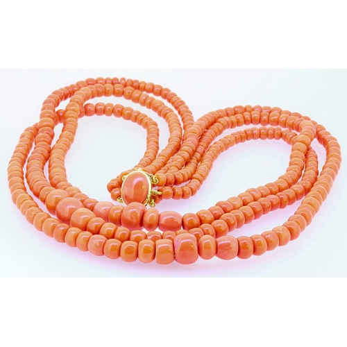 21 - IMPORTANT CORAL 3-ROW NECKLACE, the 3-rows of coral of graduate size. The clasp set with a cabochon ... 