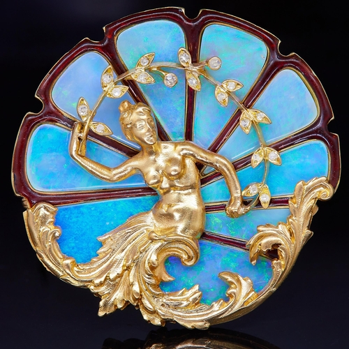 24 - GEORGES FOUQUET, AN OPAL, DIAMOND AND ENAMEL BROOCH, EARLY 20TH CENTURY in 18ct yellow gold, the cir... 