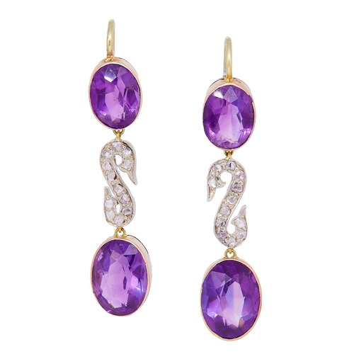 25 - PAIR OF DIAMOND AND AMETHYST DROP EARRINGS, set with an oval cut amethyst to the top, suspending a d... 
