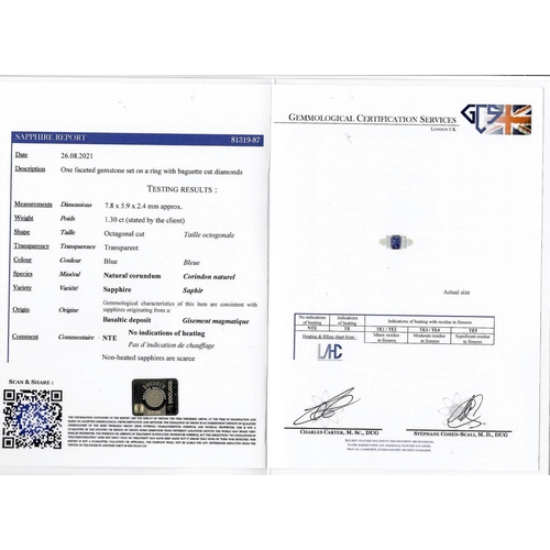 28 - CERTIFICATED SAPPHIRE AND DIAMOND DRESS RING, in 18 ct. white gold. Set with a central octagonal cut... 