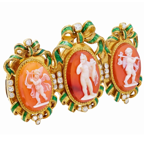 33 - IMPORTANT ANTIQUE CAMEO DIAMOND AND ENAMEL BROOCH/BANGLE, designed as 3 carved shell cameo panels de... 