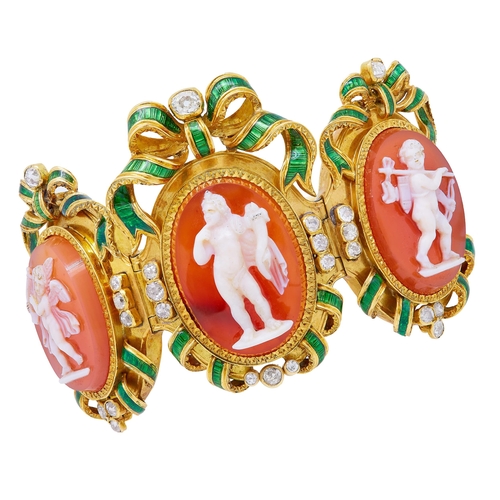 33 - IMPORTANT ANTIQUE CAMEO DIAMOND AND ENAMEL BROOCH/BANGLE, designed as 3 carved shell cameo panels de... 