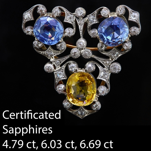 36 - IMPORTANT CERTIFICATED SAPPHIRE AND DIAMOND BROOCH, of openwork triangle scrolling design, set with ... 