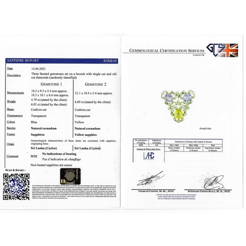 36 - IMPORTANT CERTIFICATED SAPPHIRE AND DIAMOND BROOCH, of openwork triangle scrolling design, set with ... 