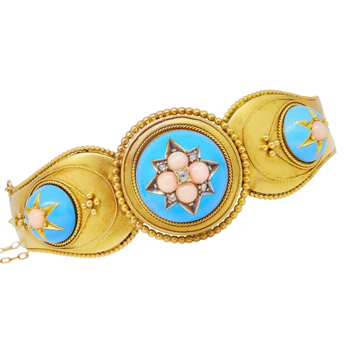 37 - ANTIQUE VICTORIAN ENAMEL, CORAL AND DIAMOND HINGED BANGLE, Set with 3 domed appliques, decorated wit... 