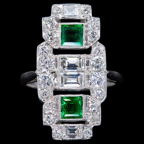 4 - ART-DECO EMERALD AND DIAMOND DRESS RING, The openwork head set to the center with 2 baguette cut dia... 
