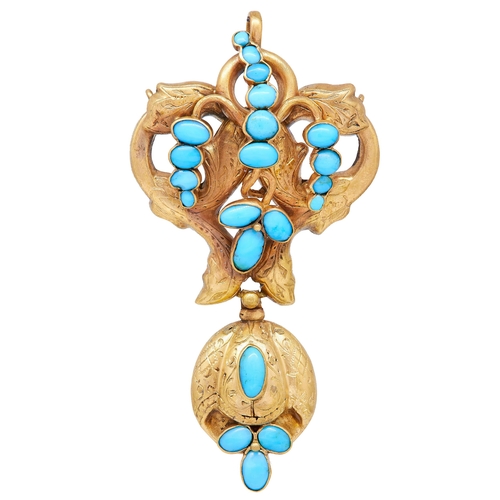 41 - ANTIQUE VICTORIAN TURQUOISE DROP PENDANT, of part openwork scrolling anf floral design. Set with cab... 