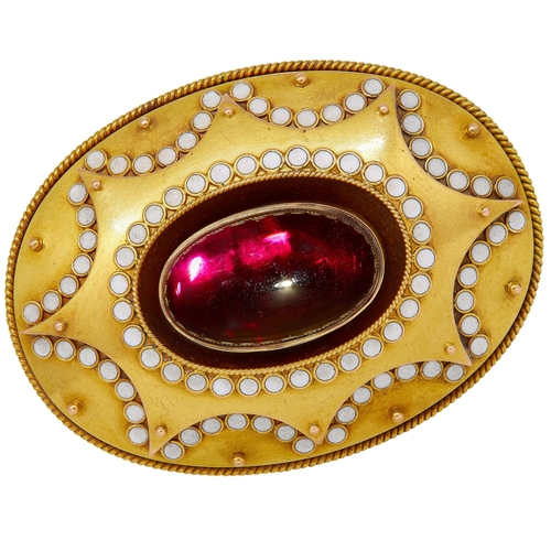 43 - ANTIQUE VICTORIAN GARNET AND ENAMEL BROOCH, set with a central oval cabochon cut garnet, surrounded ... 