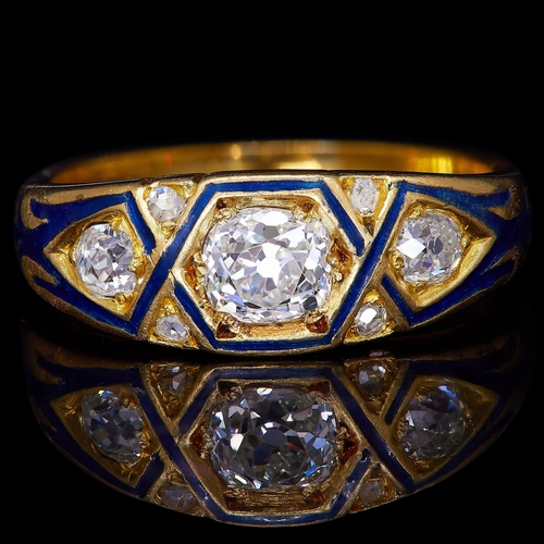 48 - ANTIQUE VICTORIAN DIAMOND AND ENAMEL DRESS RING, set with 3 larger diamonds to the center, accentuat... 