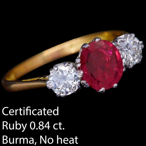 50 - CERTIFICATED RUBY AND DIAMOND 3-STONE RING, in 18 ct. gold and platinum. Set with a central ruby of ... 