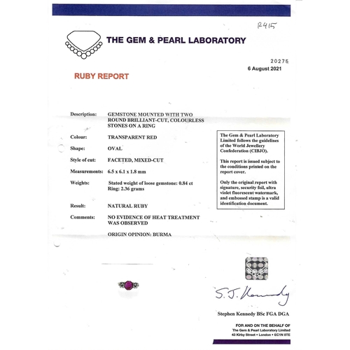 50 - CERTIFICATED RUBY AND DIAMOND 3-STONE RING, in 18 ct. gold and platinum. Set with a central ruby of ... 