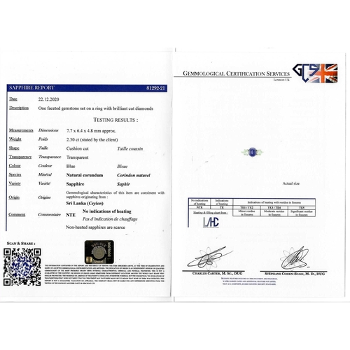 54 - CERTIFICATED SAPPHIRE AND DIAMOND 3-STONE RING, set with a central blue sapphire of approx. 2.30 ct.... 