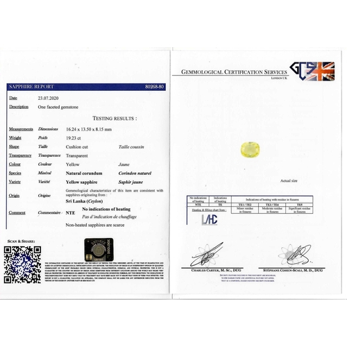 69 - IMPORTANT YELLOW SAPPHIRE AND DIAMOND RING, set with a cushion cut yellow sapphire of 19.23 ct. Flan... 