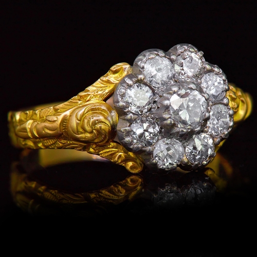7 - ANTIQUE DIAMOND CLUSTER RING, set to the center with a diamond cluster totalling approx. 0.62 ct. Th... 