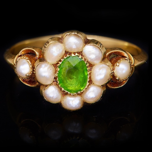 8 - ANTIQUE DEMANTOID GARNET AND PEARL CLUSTER RING, set to the center with a demantoid garnet, surround... 