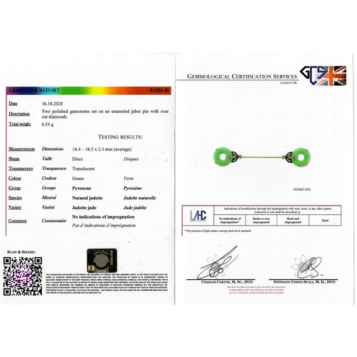 87 - ART-DECO NATURAL JADE, ENAMEL AND DIAMOND JABOT PIN, decorated with 2 natural green jade discs, acce... 