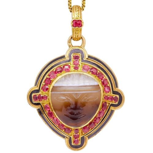 14 - ANTIQUE CARVED AGATE, RUBY AND ENAMEL LOCKET PENDANT, in 18 ct. gold. The pendant is set with an int... 