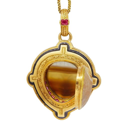 14 - ANTIQUE CARVED AGATE, RUBY AND ENAMEL LOCKET PENDANT, in 18 ct. gold. The pendant is set with an int... 