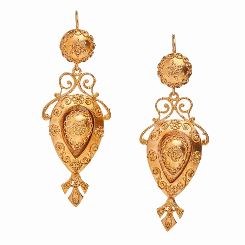 173 - PAIR OF VICTORIAN DROP EARRINGS, the round top suspending a pear shaped drop with raised accentuated... 