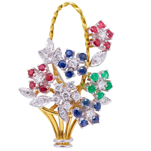 2 - DIAMOND, RUBY, SAPPHIRE AND EMERALD GIARDINETTO BROOCH, in 18 ct. white and yellow gold. Of openwork... 