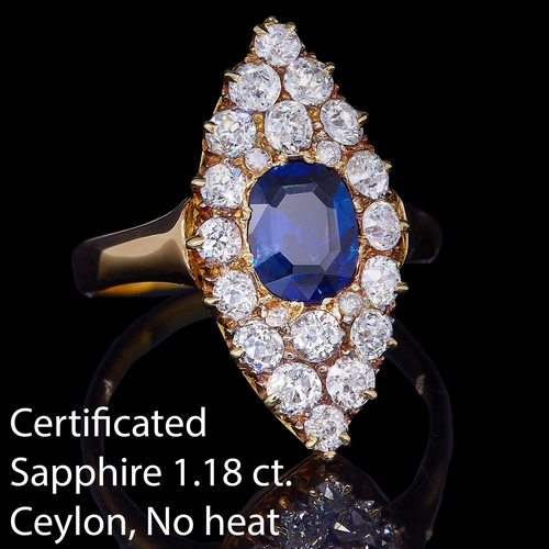 23 - CERTIFICATED SAPPHIRE AND DIAMOND DRESS RING, in 18 ct. gold. The marquise shaped ring set with a ce... 