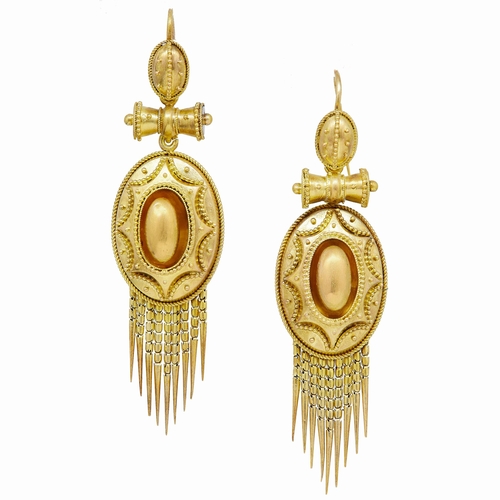 31 - ANTIQUE VICTORIAN PAIR OF DROP EARRINGS, The oval drop set with an egg shape to the centre. the surm... 