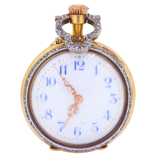 32 - LECOULTRE & CIE, ANTIQUE DIAMOND AND ENAMEL POCKET WATCH, in 18 ct gold. The back of the watch decor... 