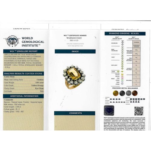 70 - IMPORTANT CERTIFICATED IMPERIAL TOPAZ AND DIAMOND CLUSTER RING, Set to the centre with a cushino cut... 